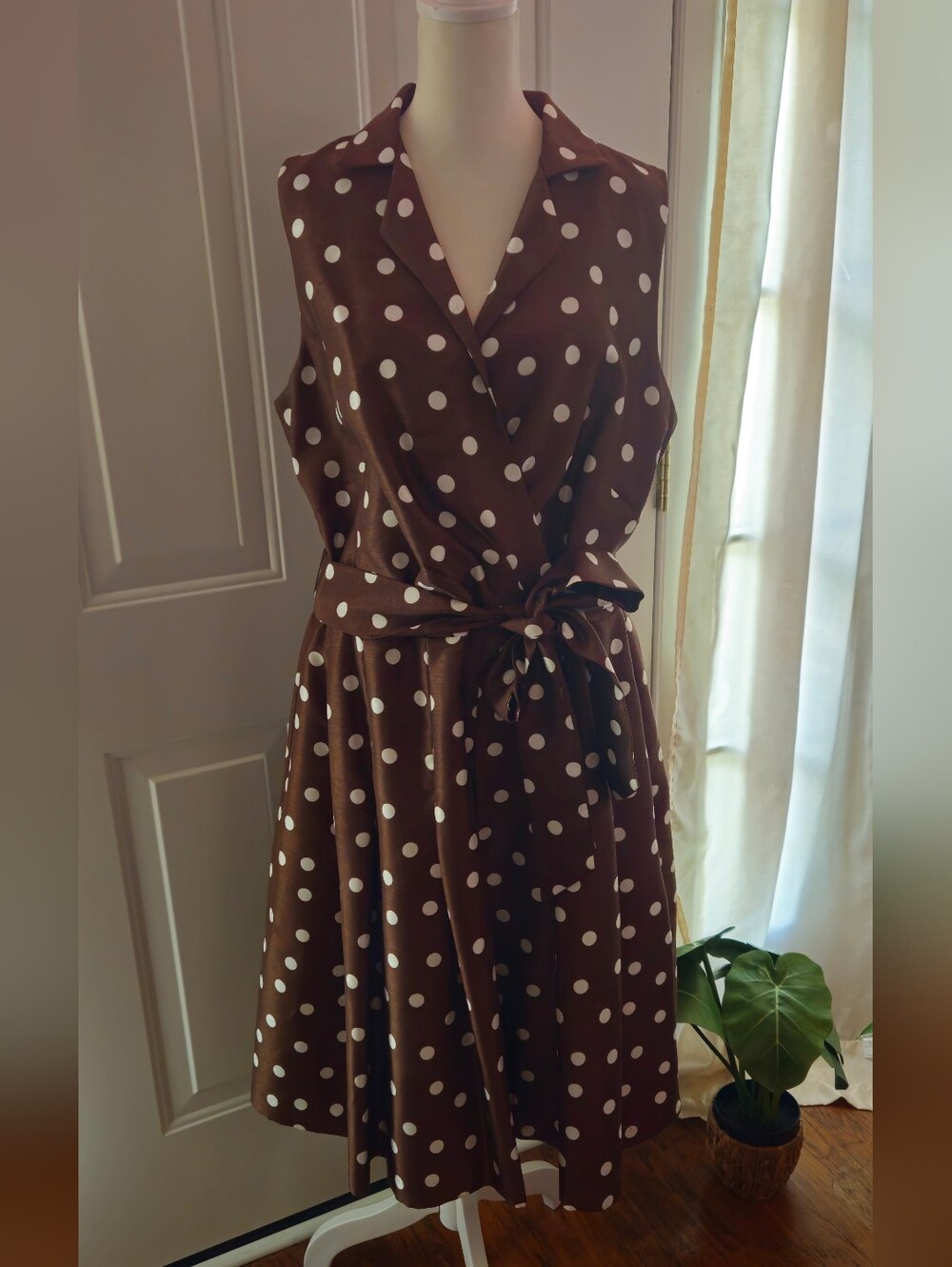 dressbarn Brown and White Polka Dot Tie-Waist Midi Dress